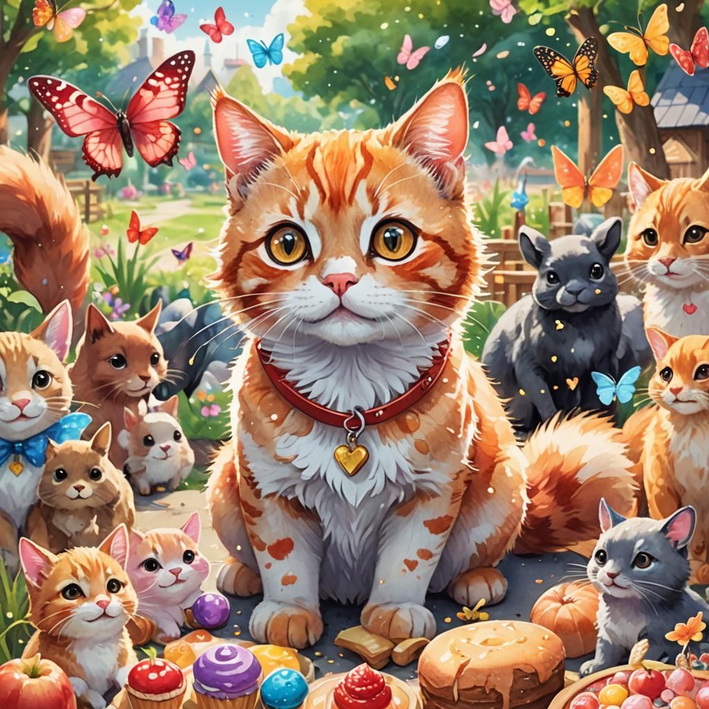 Anime Portrait of Red Cat with Farm Animals