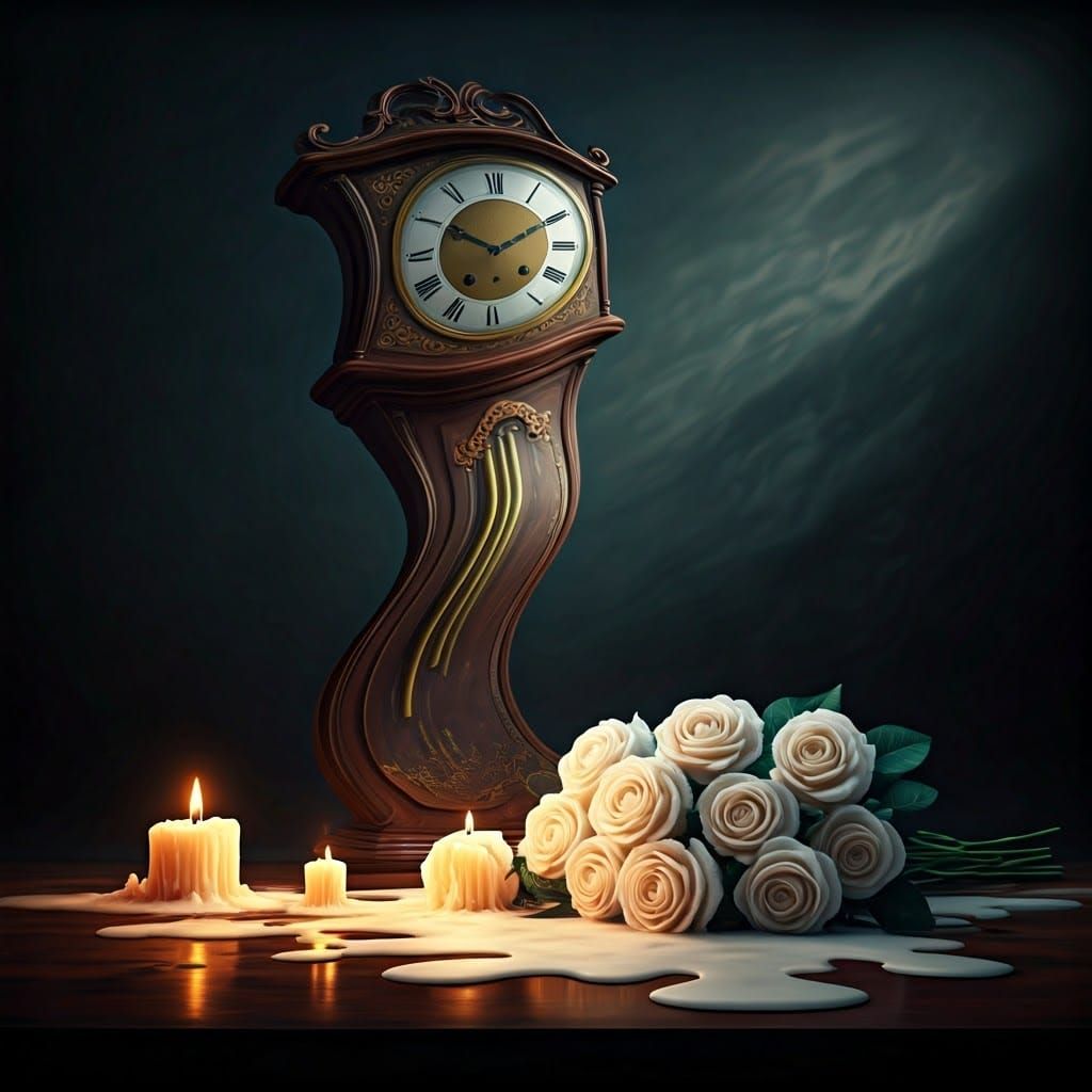 Time Bends and Melts in a Surreal Scene with Grandfather Clo...