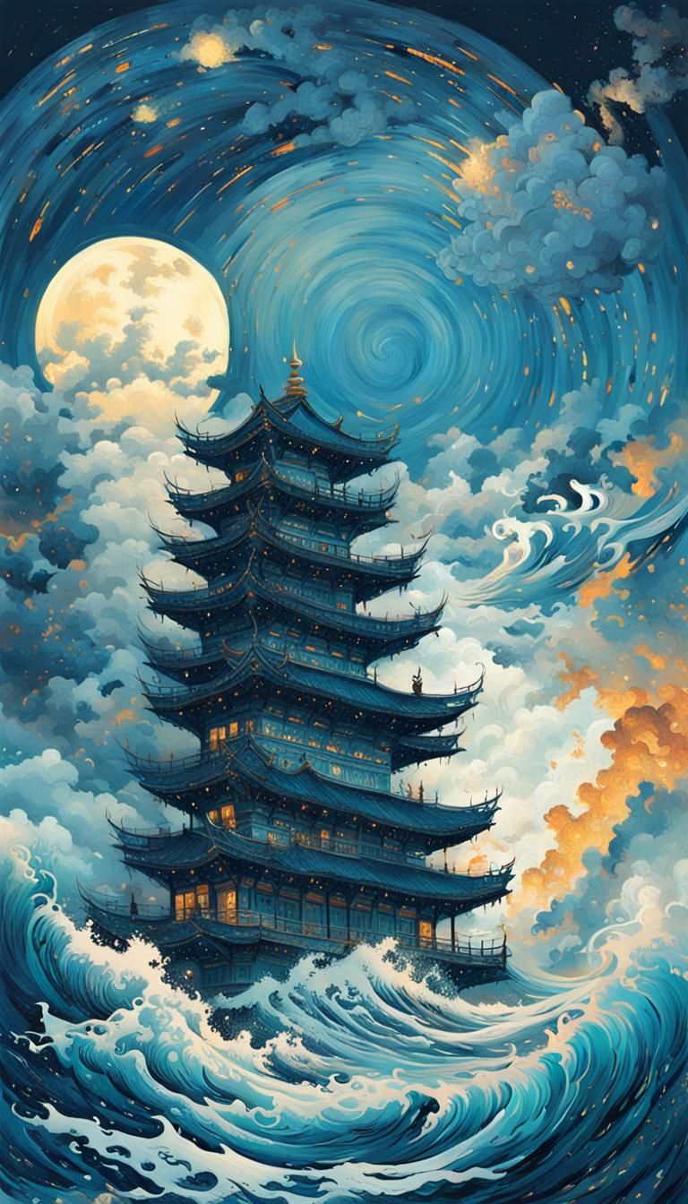 Blue Tempest Fantasy Illustration with Astral Patterns