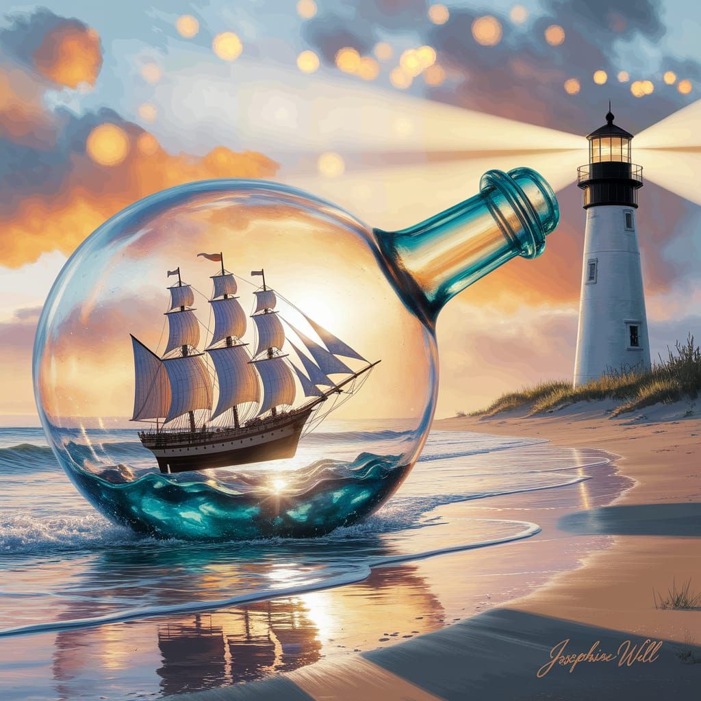 Glass Bottle Ship on Beach with Lighthouse