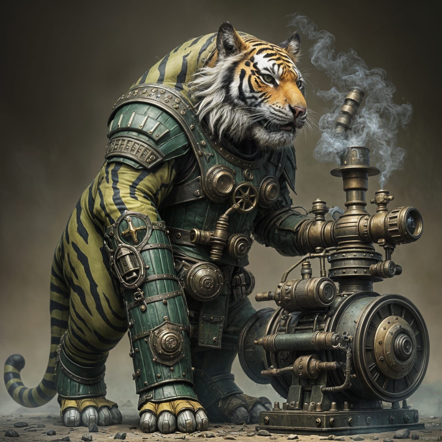 Steampunk Tiger Warrior in Verdant Military Armor