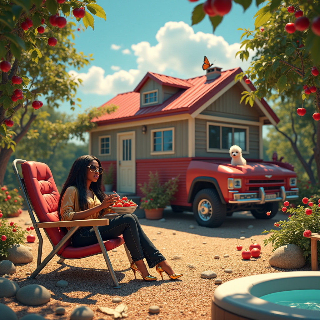 Elegant Woman Relaxes Outside Tiny House in Fantasy Setting