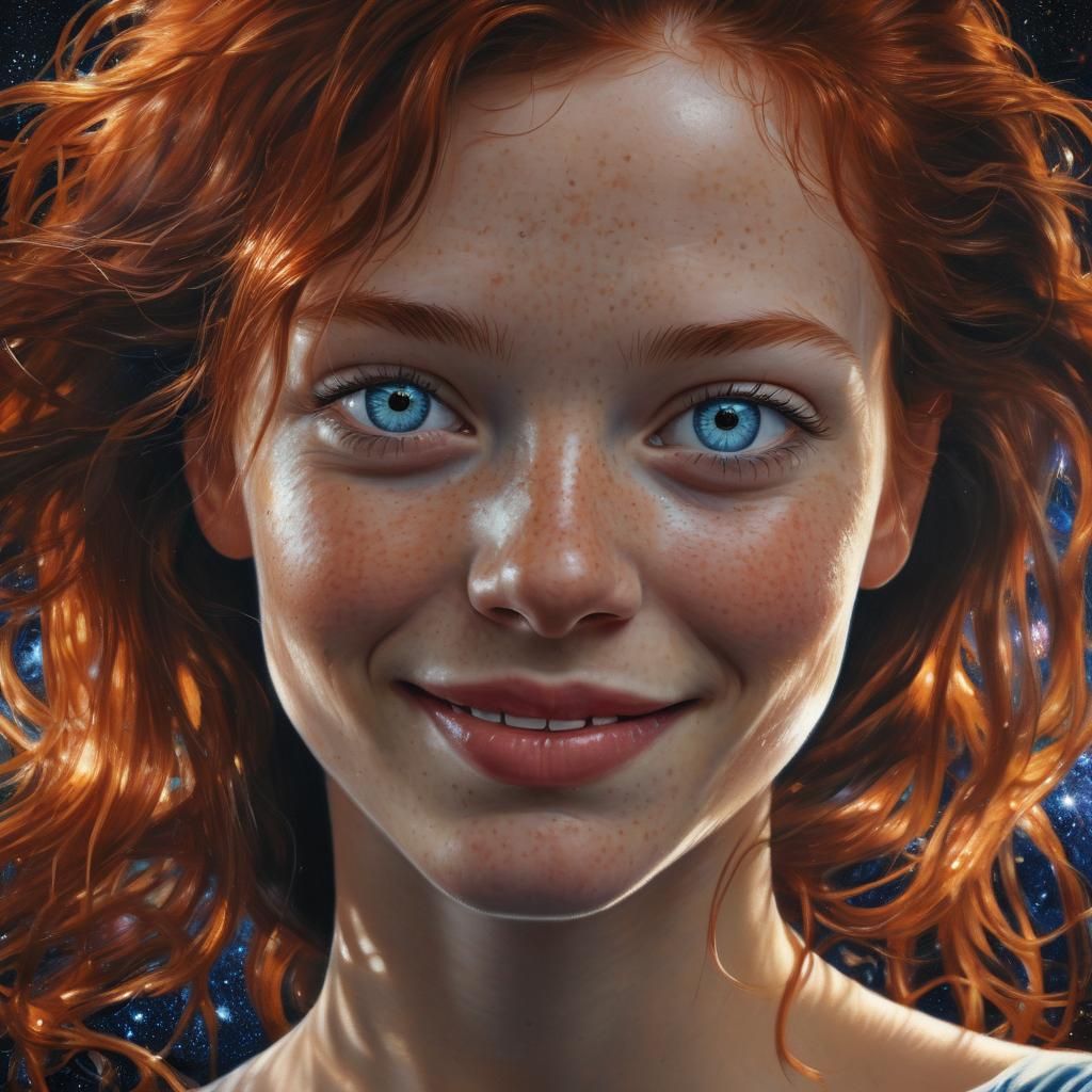 Portrait réaliste en surexposé sur fond noire d'une jolie rousse avec les yeux bleus et un sourire éclatant. Un nez retr...
