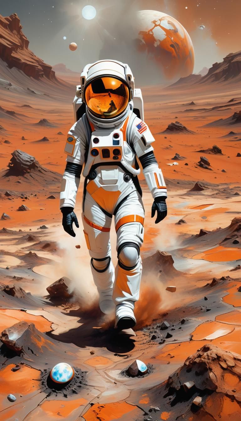 Lady in platinum astronaut suit with orange trim walking on Mars, kicking up dusty orange dirt. SCI-FI.