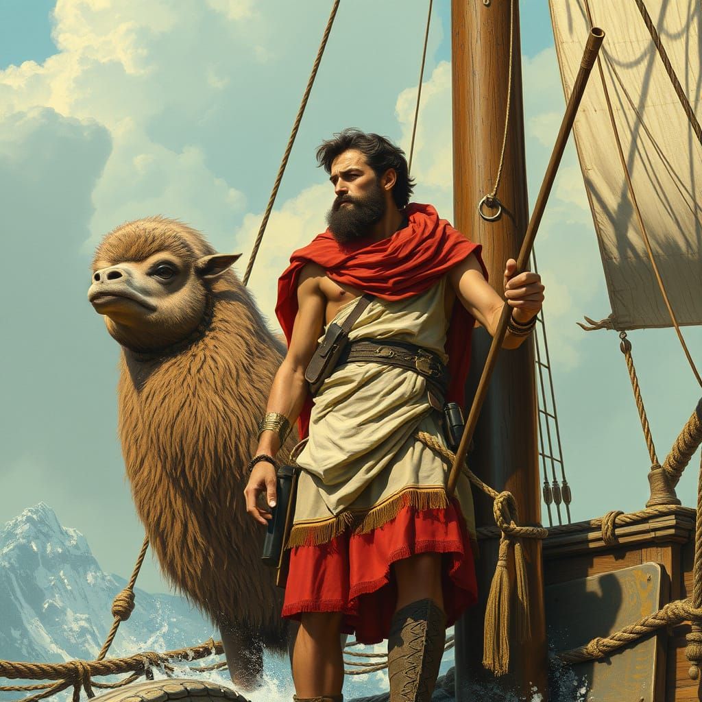 Ancient Greek Explorer Bound to the Mast of His Vessel in Ep...