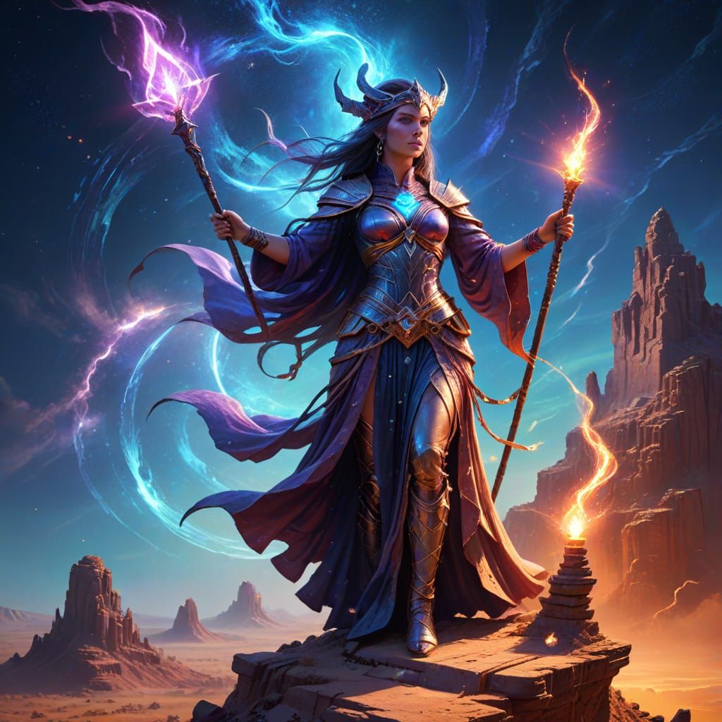 Sorceress Overlooking Desert in Vibrant Fantasy Art