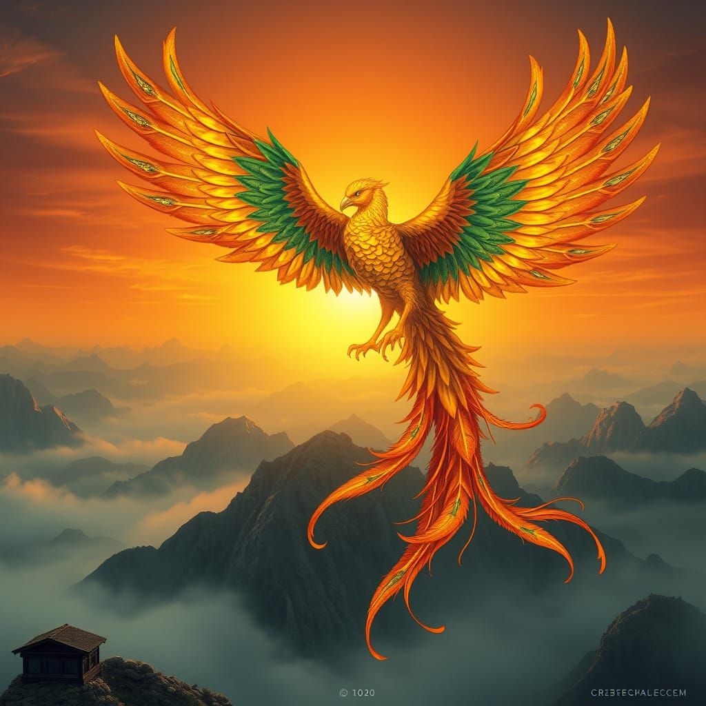 Golden Phoenix Soaring Above Misty Mountains