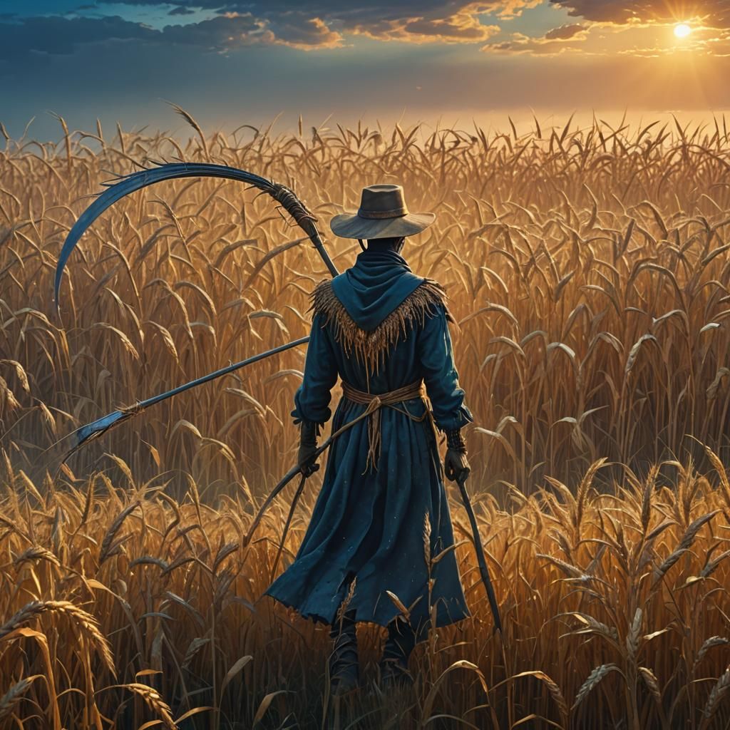 Scarecrow with Scythe in Wheat Field: Fantasy Art