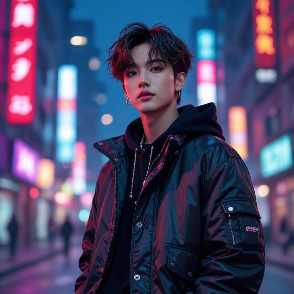 Felix from Stray Kids in Neon Cityscape
