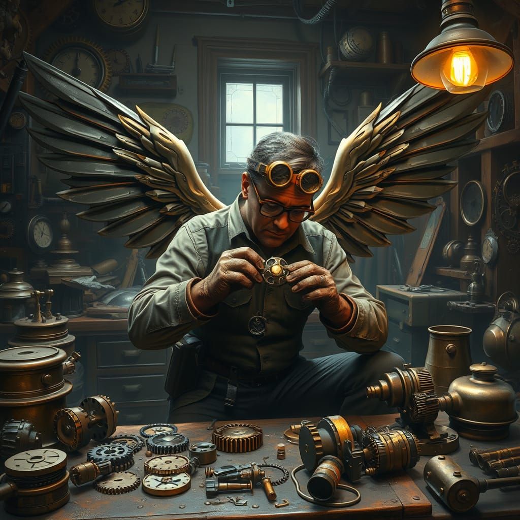 Steampunk Inventor Crafts Mechanical Wings