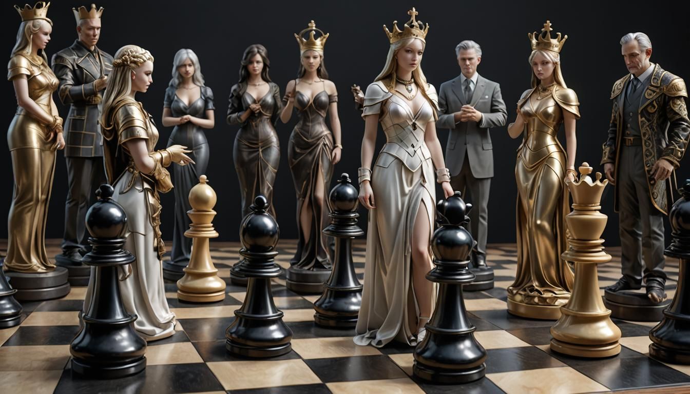 chess pieces depicted in human form on a checkerboard, highly detailed, fantasy, realistic, character design, artstation...
