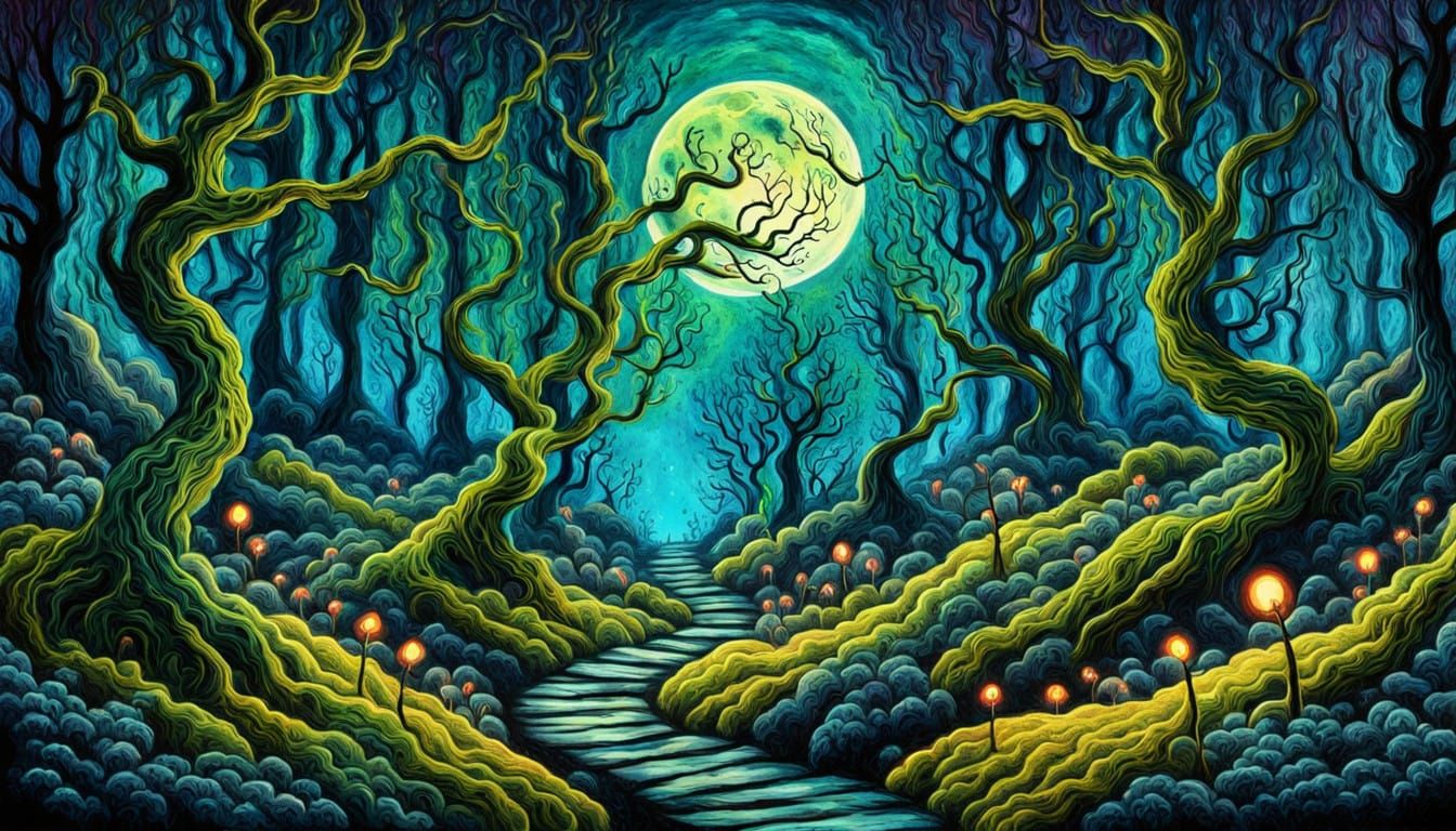 Enchanted Moonlit Forest in Dreamy, Impasto-Inspired Art