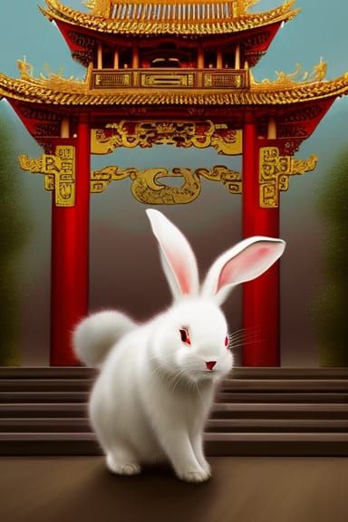 Fluffy White Rabbit Celebrates Chinese New Year