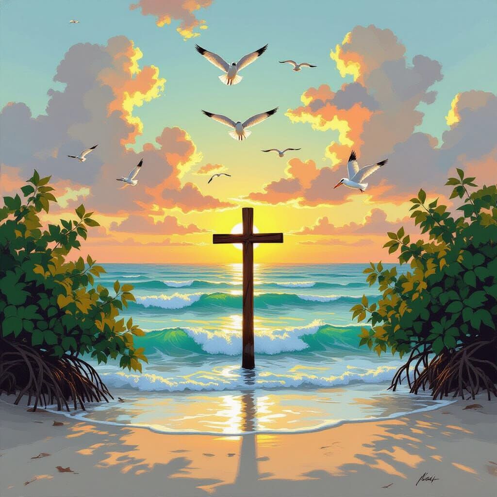 Tropical Sunset Over Ocean with Mangroves and Wildlife