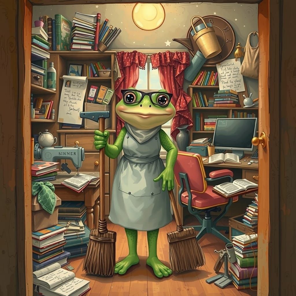 Frog Maid in Cluttered Room, Whimsical Illustration