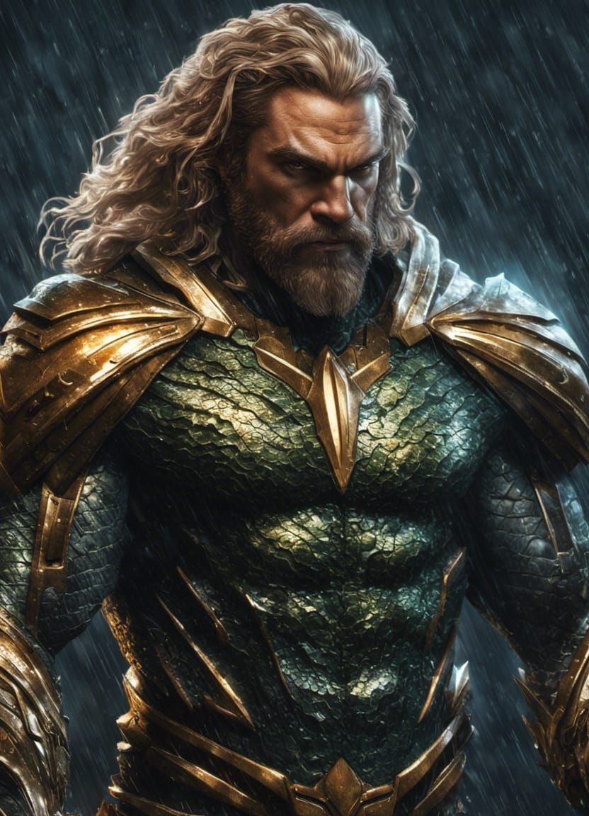 Aquaman Portrait with Detailed Armor in Rain