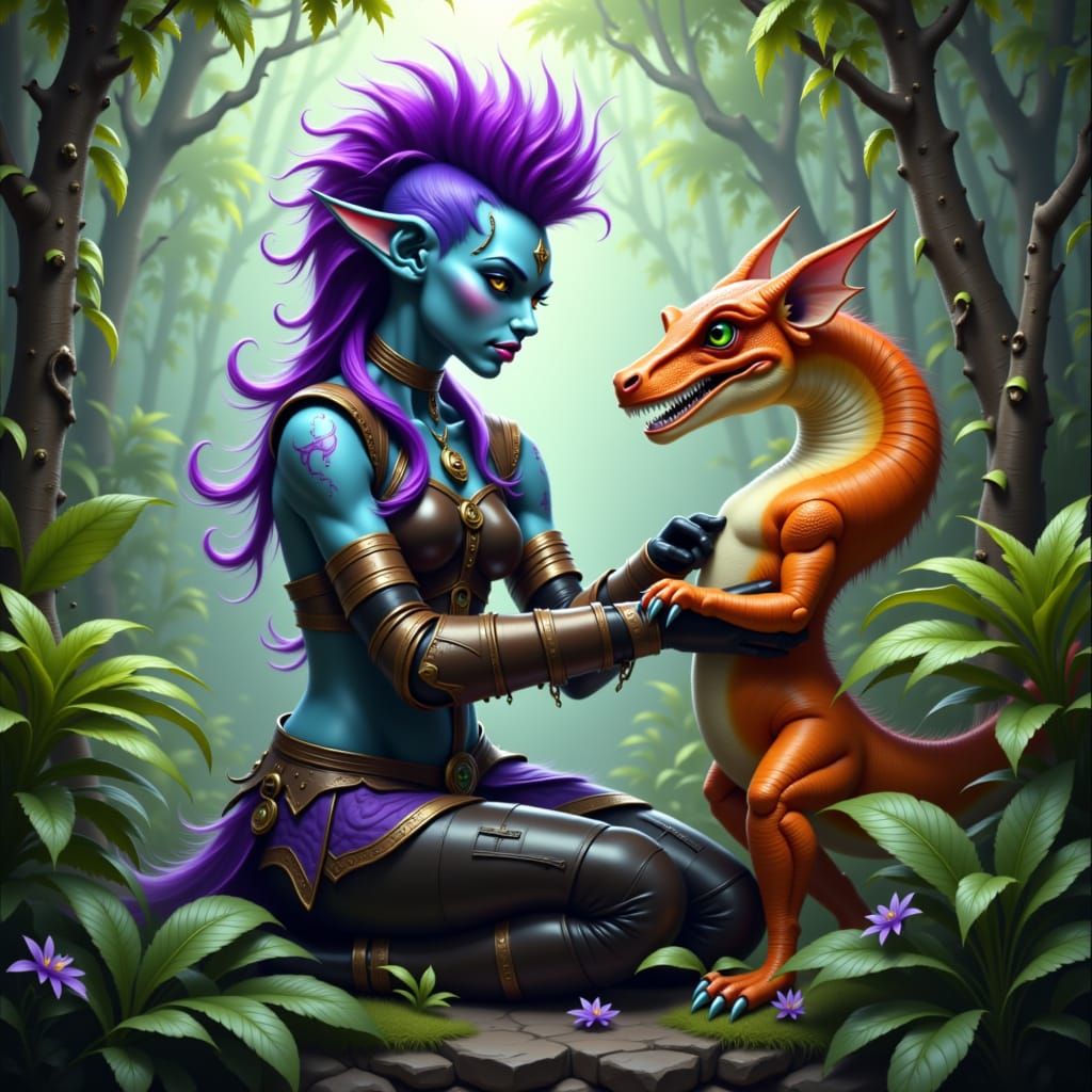 Blue Troll Petting Velociraptor in Misty Jungle