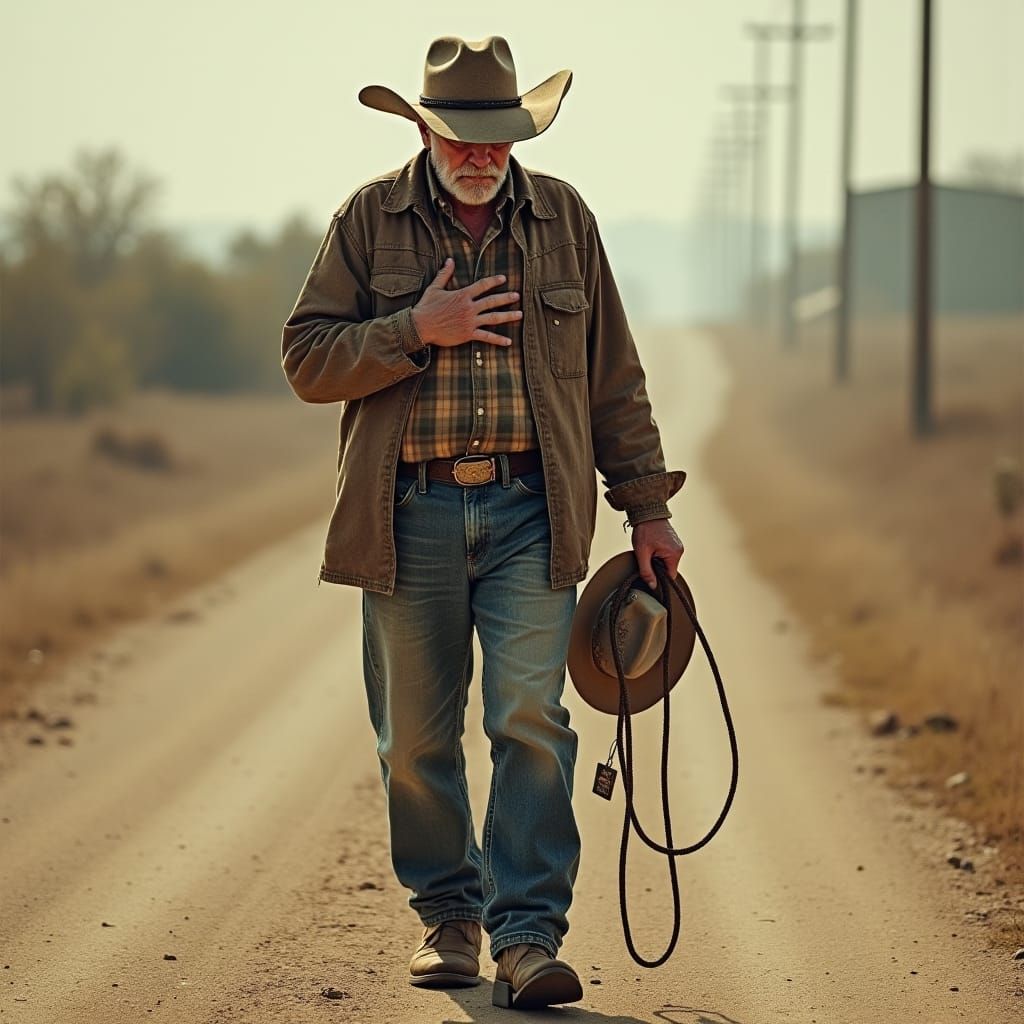 Grieving Old Man with Cowboy Hat on Rural Road