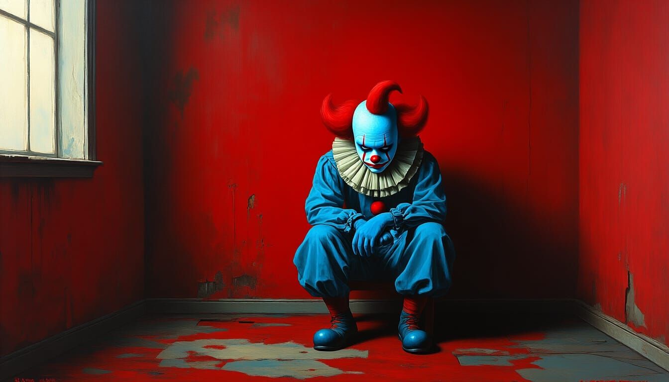 Sad Clown in Red Room: Surreal Mixed Media Art