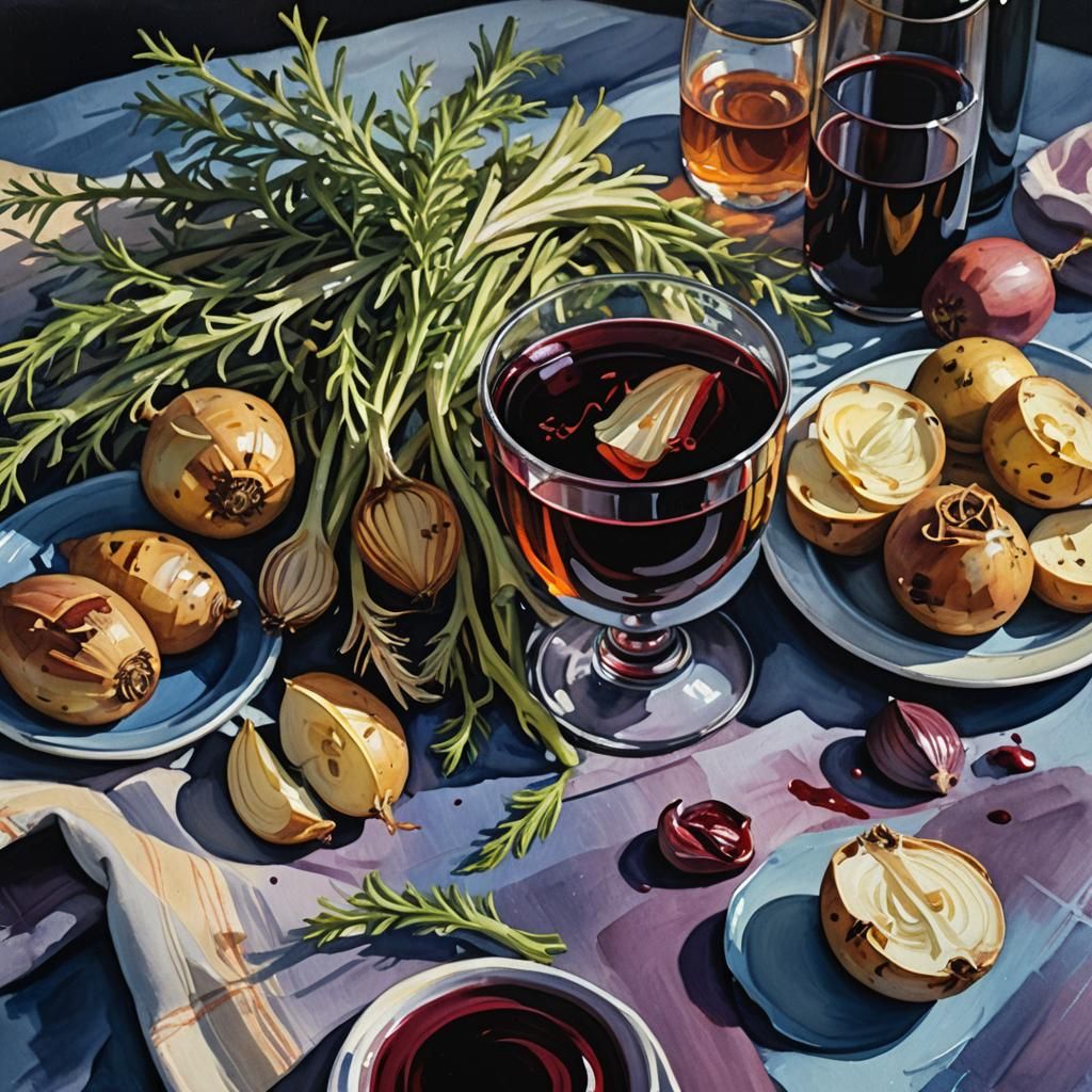 Gouache Still Life of Wine and Roasted Fennel