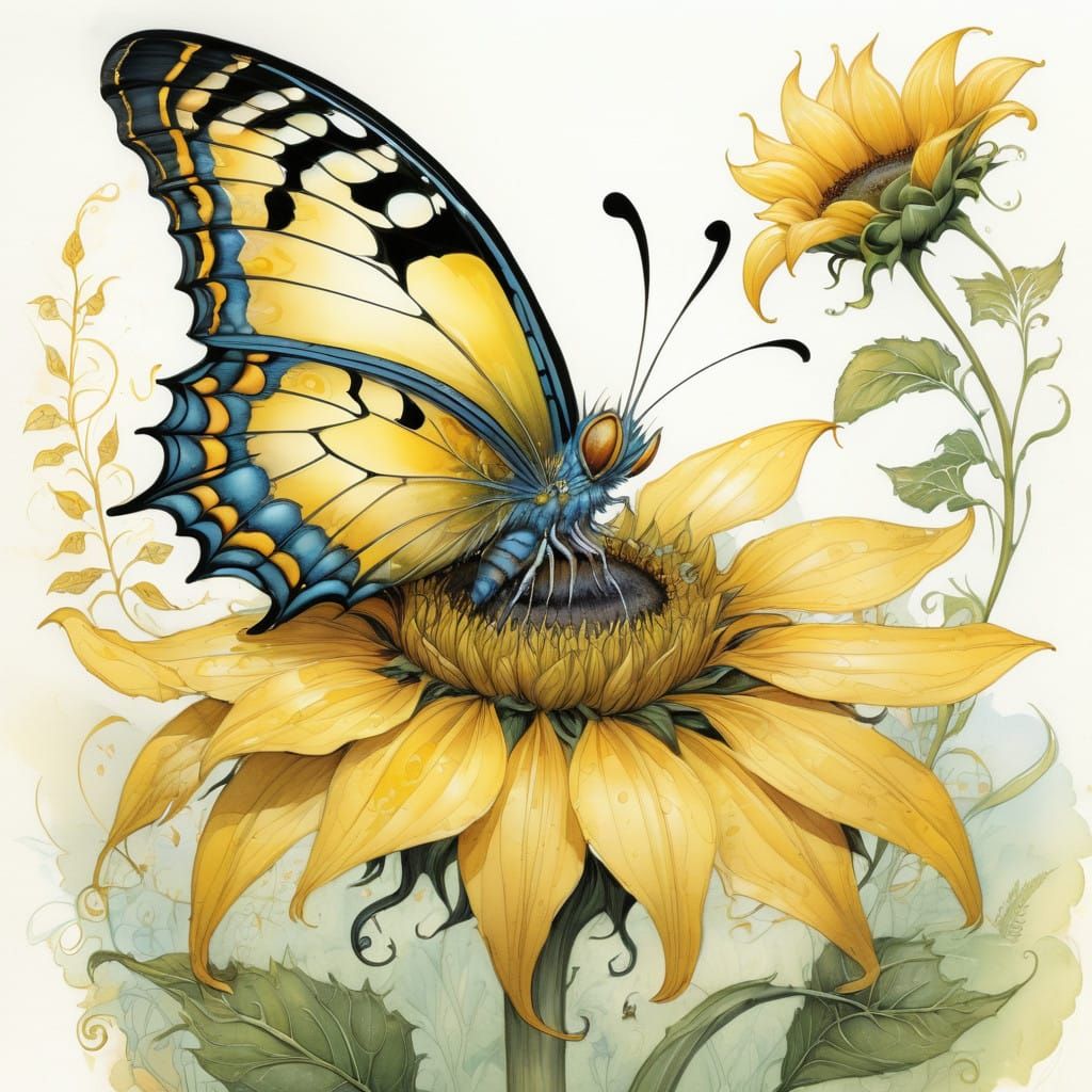 Delicate Butterfly on Vibrant Sunflower Blossom in Whimsical...