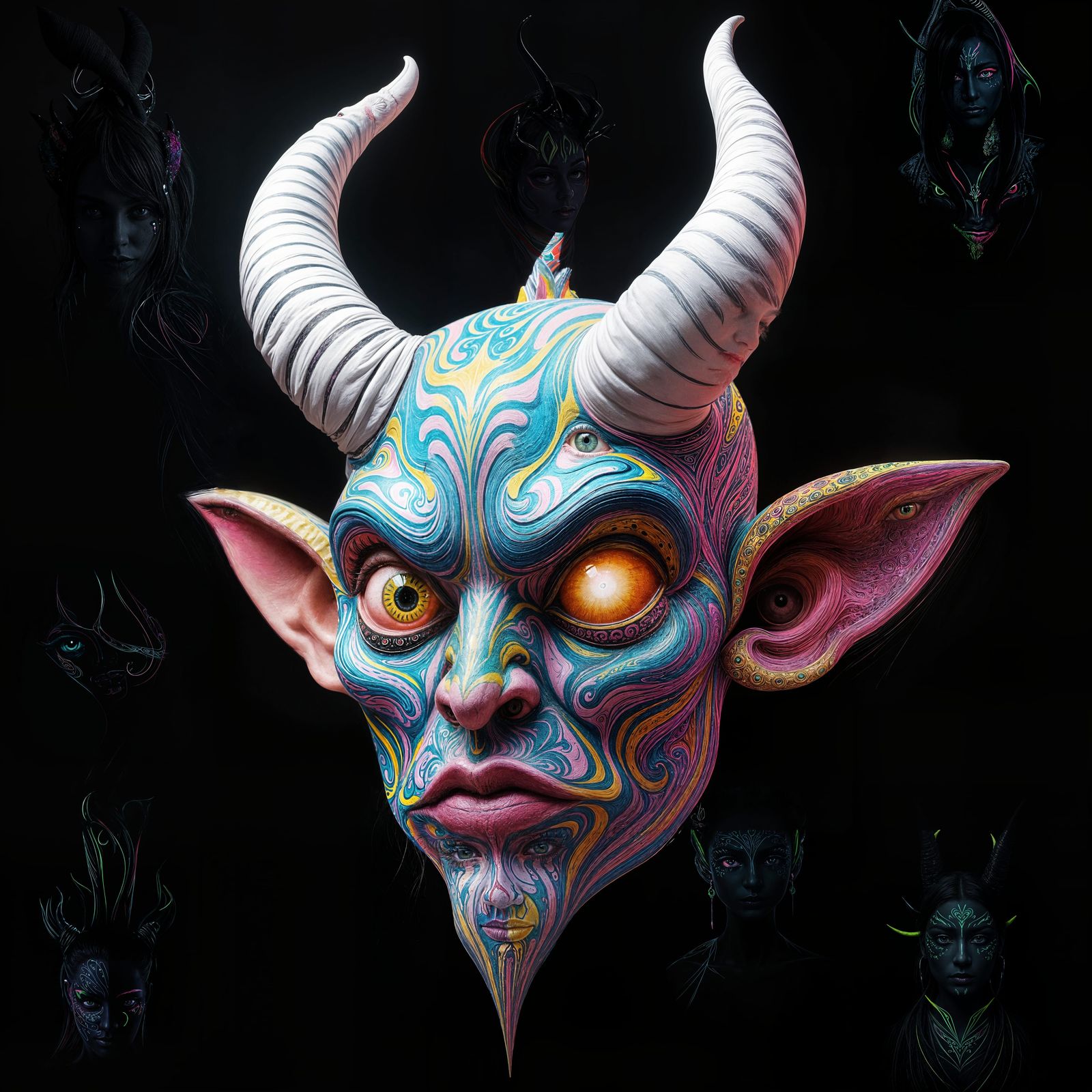 Vibrant, Fantastical Portrait with Intricate Horns and Colou...