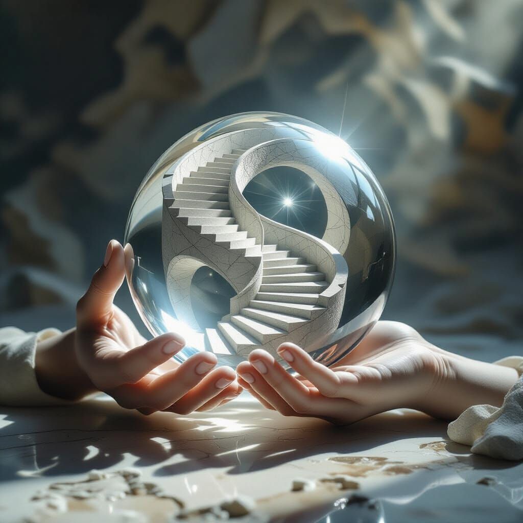 Surreal Stone and Glass Hands Cradle Infinite Staircase Sphe...