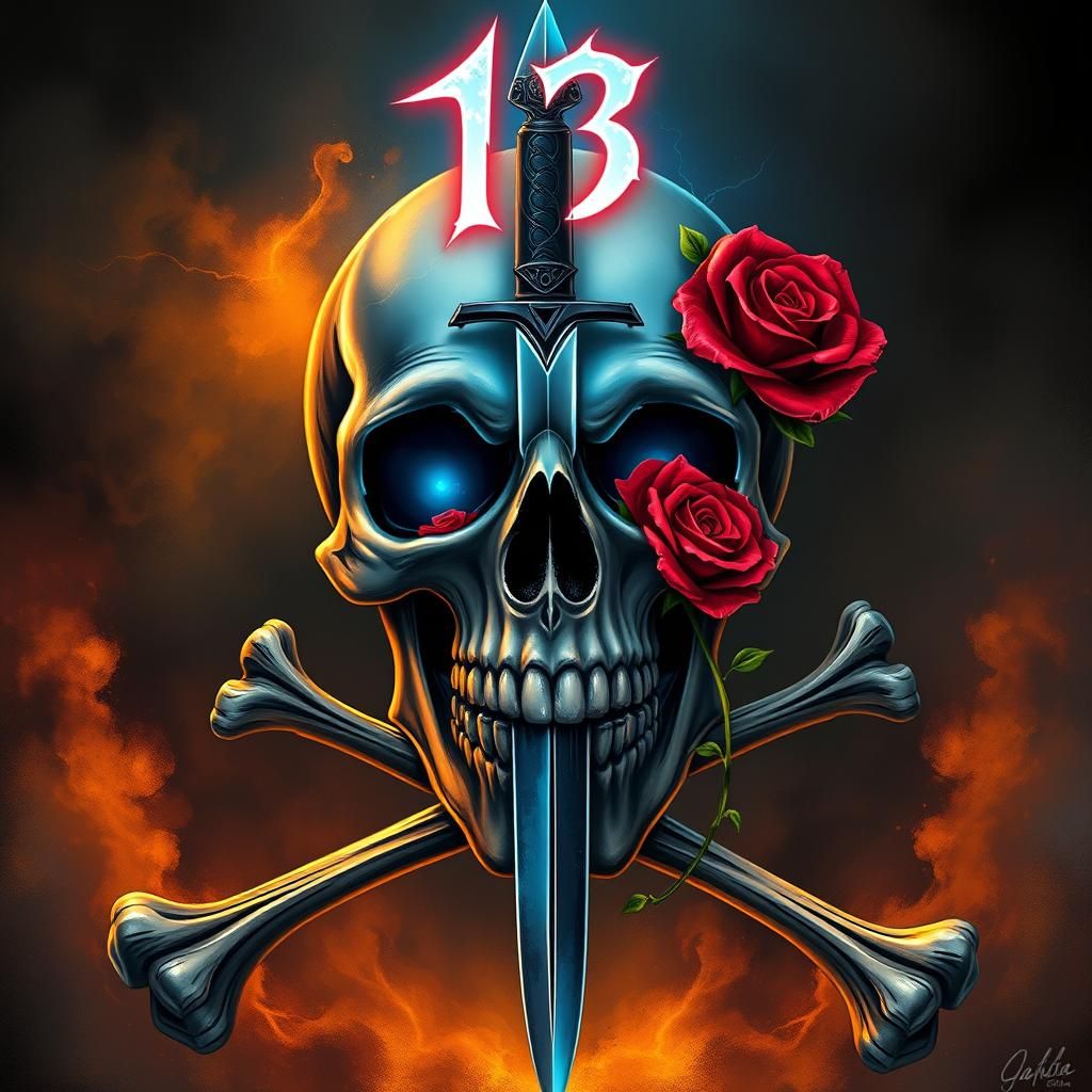 Surreal tattoo art of a grinning skull with crossed bones.