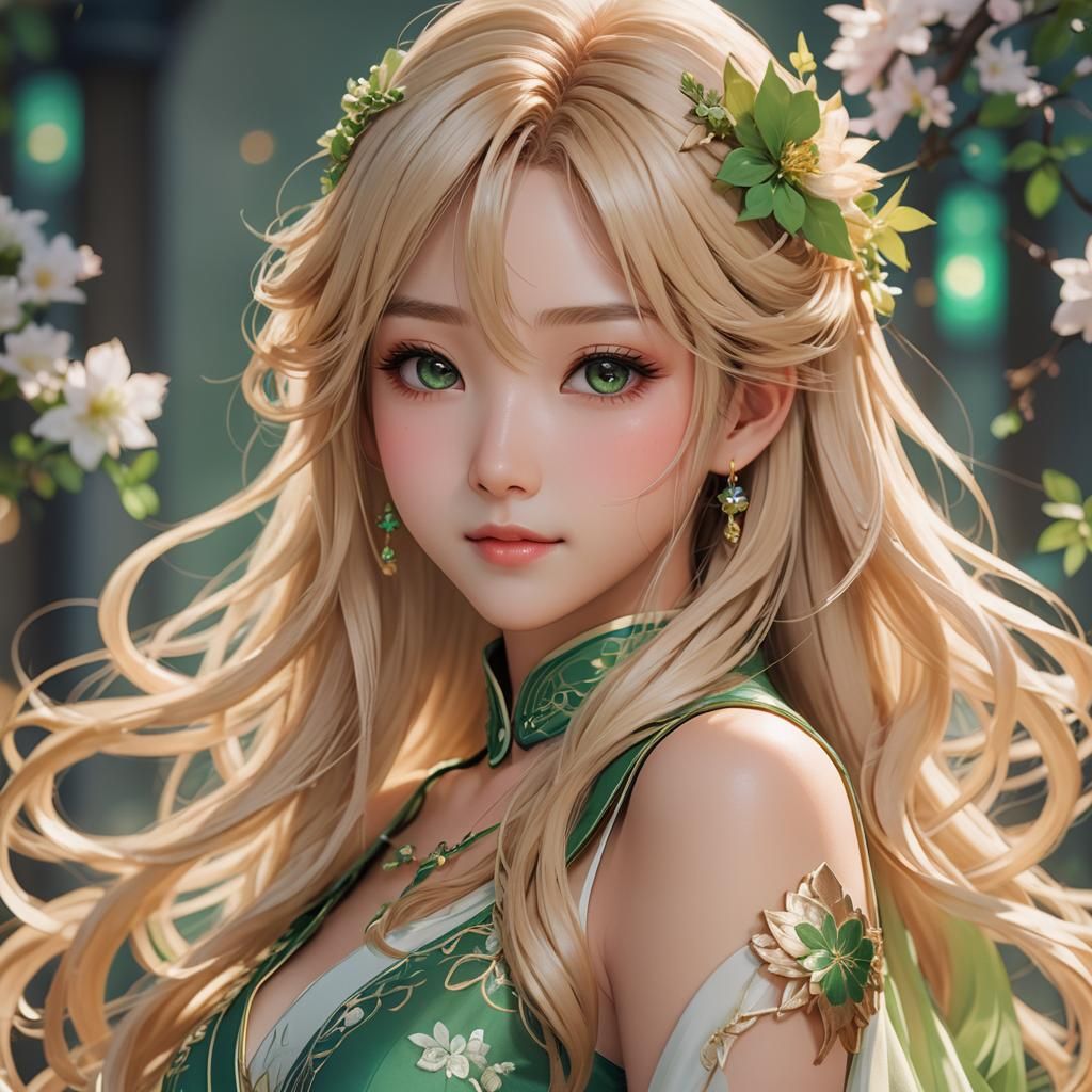 A breathtaking chinese anime waifu with luscious blonde hair...