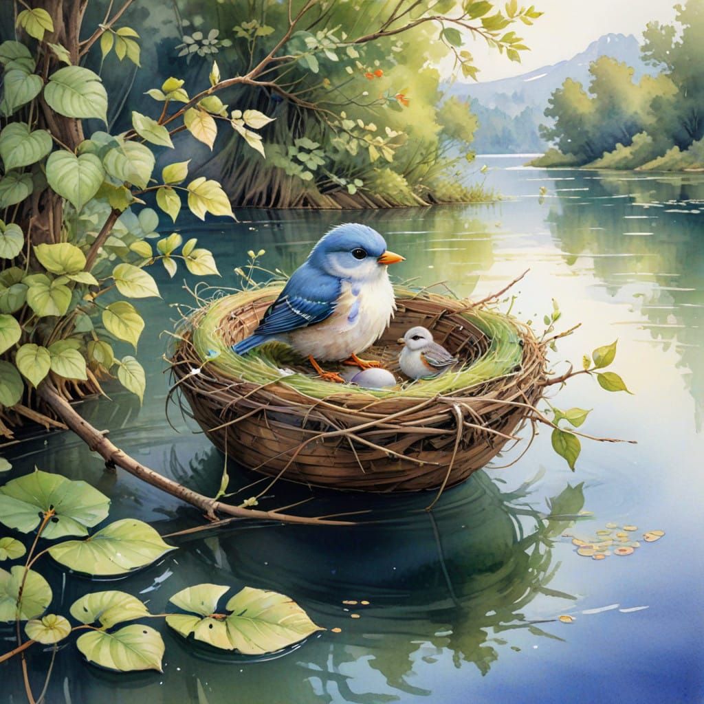 A Delicate Watercolor Boat Scene with a Cuddly Bird Nest