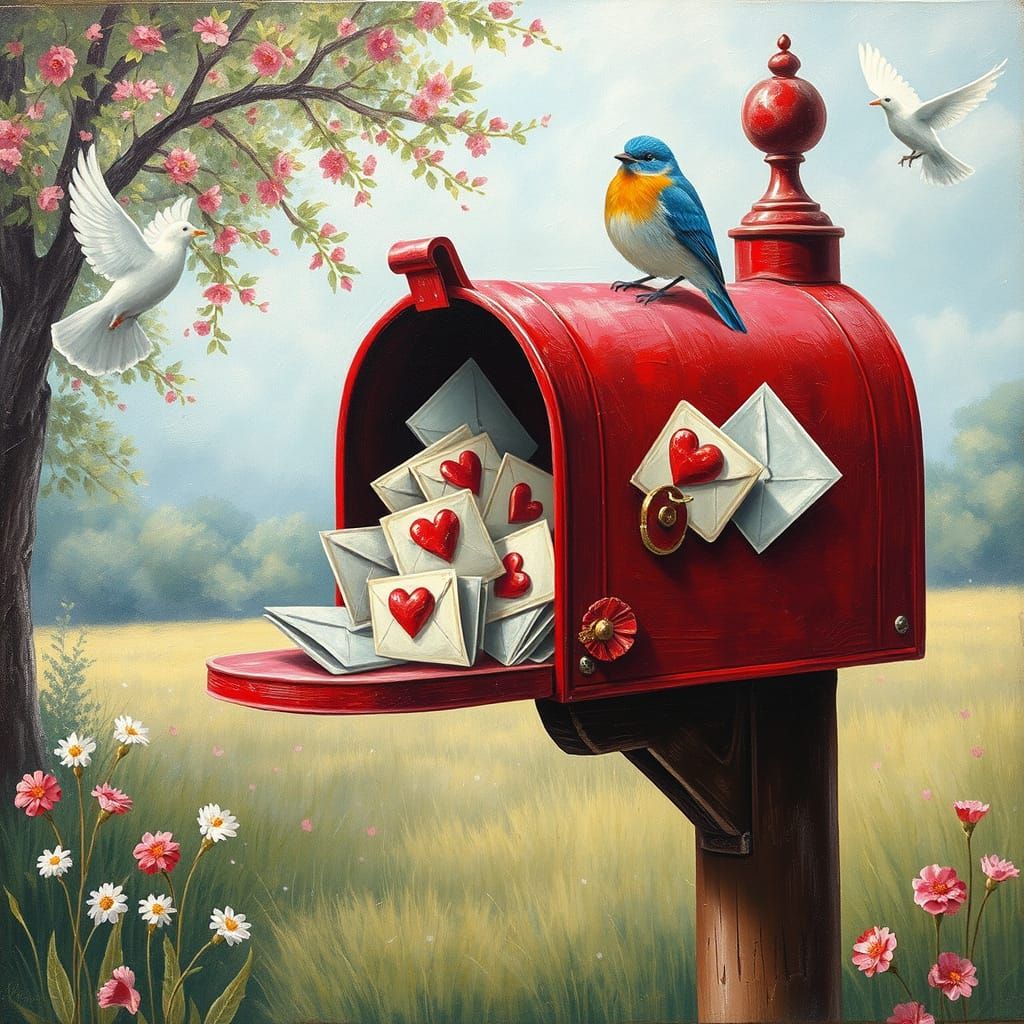 Whimsical Countryside Scene with Vintage Red Mailbox