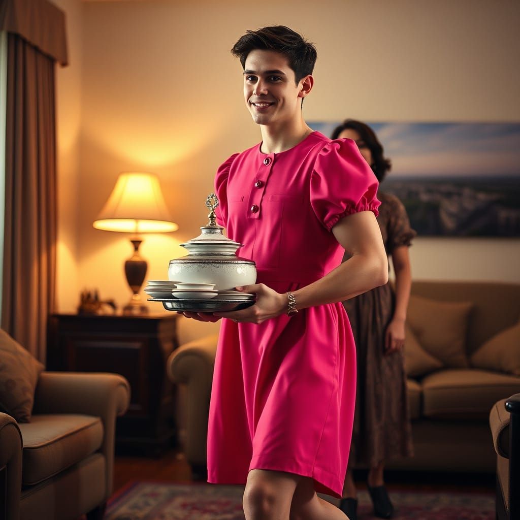 Masculine Gentleman in Elegant Maid Attire, Captured in Cine...