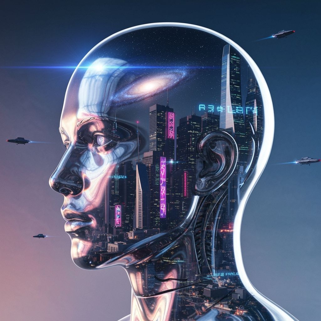 Android Head with Futuristic City Double Exposure