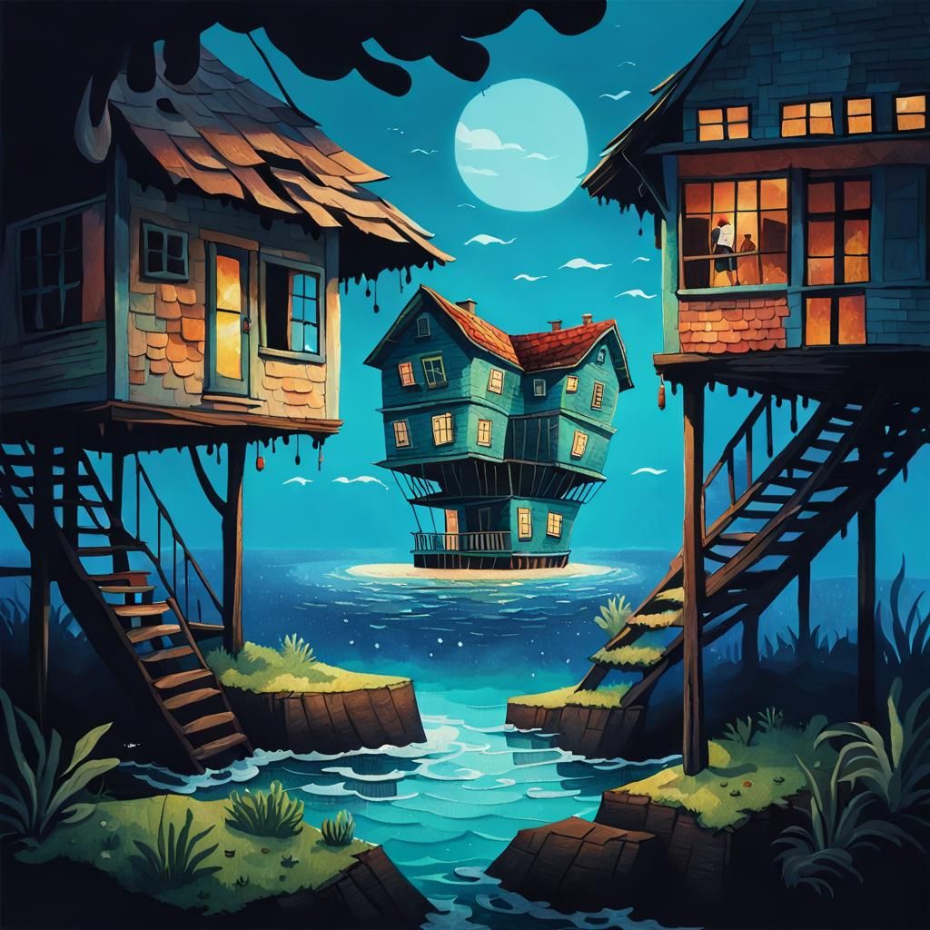Rickety House on Island in Ocean