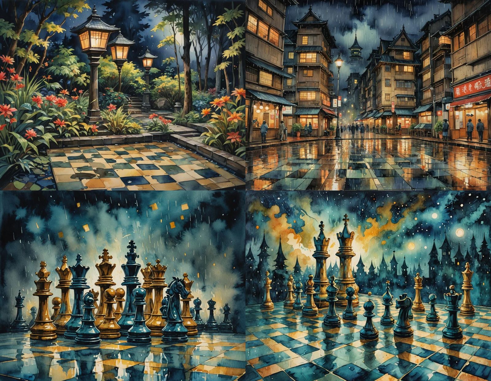 Gothic Watercolor Chessboard under Rainy Night