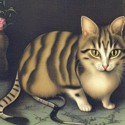 Cat and Mice in Durer Woodcut Style