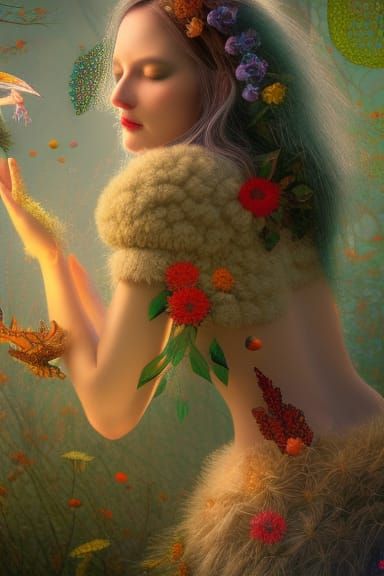 Transhumanist Woman Capturing Sun and Moon in Mycelium