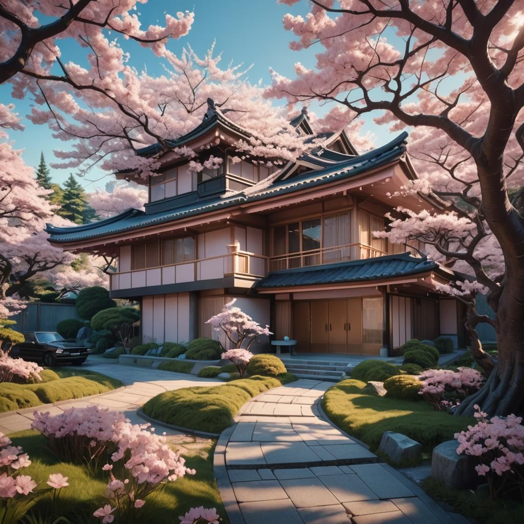 Japanese House Amidst Cherry Blossoms in Matte Painting Styl...