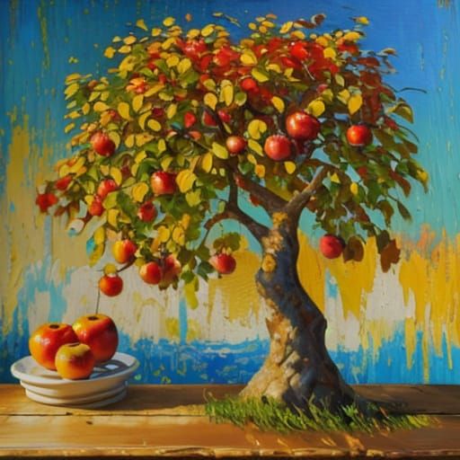Vibrant Apple on Table: Textured Impasto Oil Painting