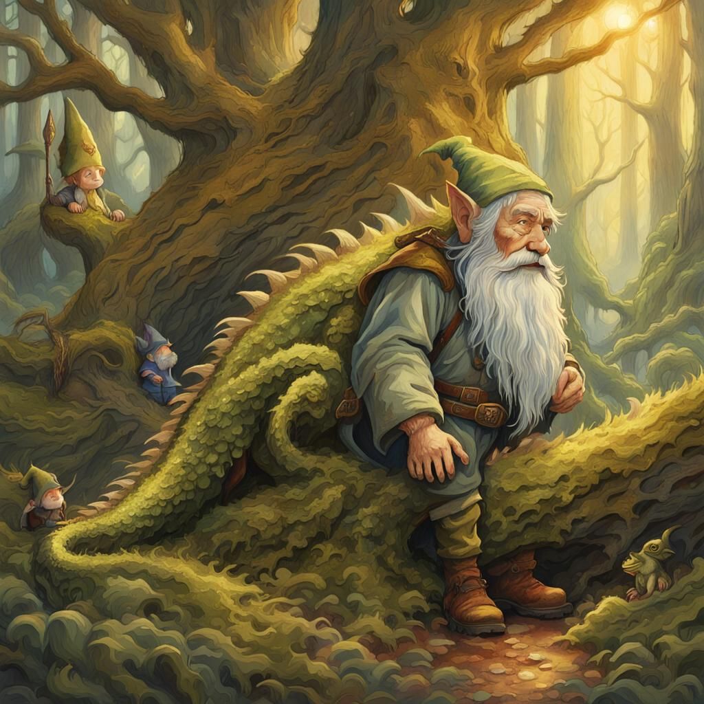 Gnome and Dragon in Mystical Forest Illustration