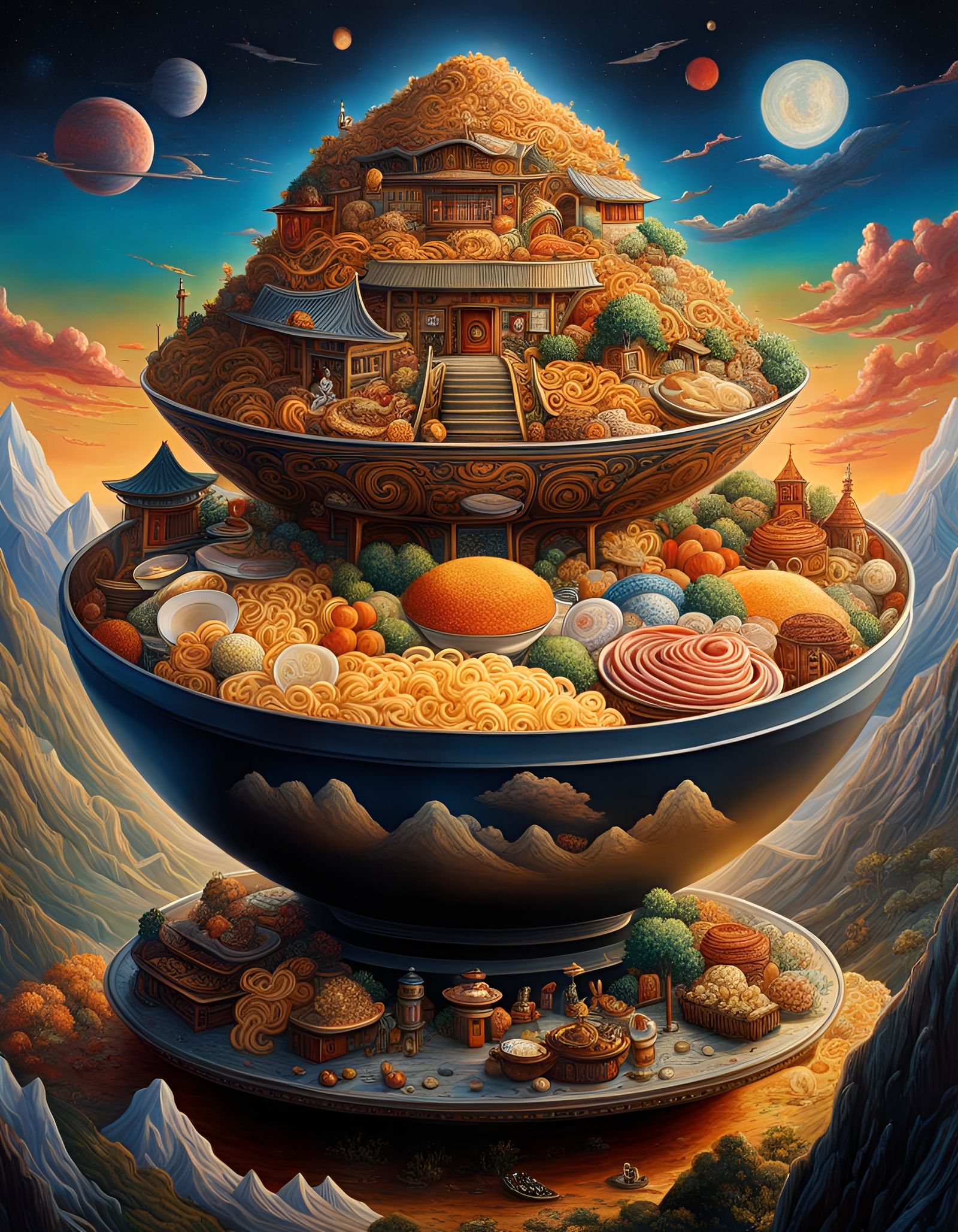 Surreal Ramen Mountain in Stormy Twilight Sky