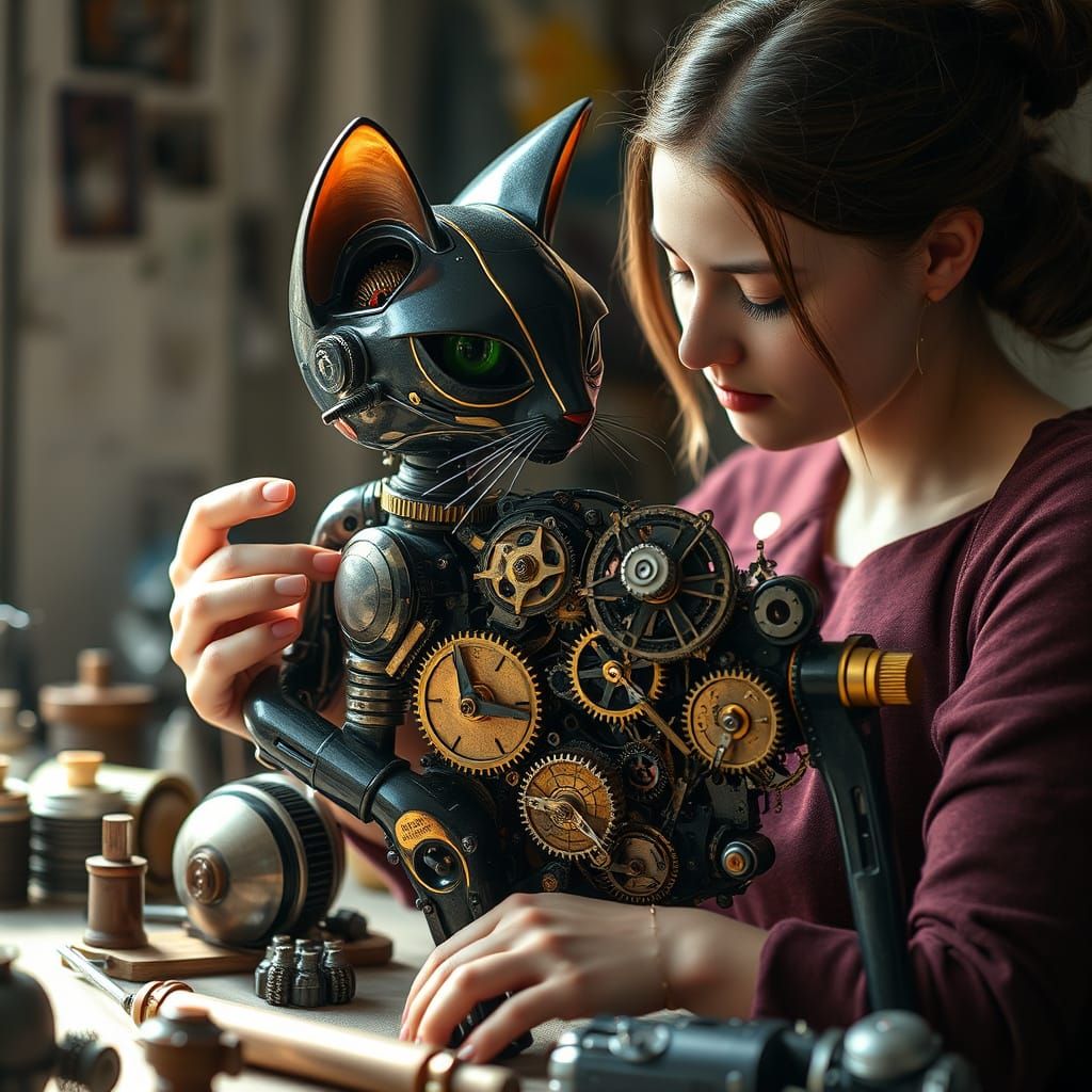 Steampunk Engineer and Her Clockwork Cat