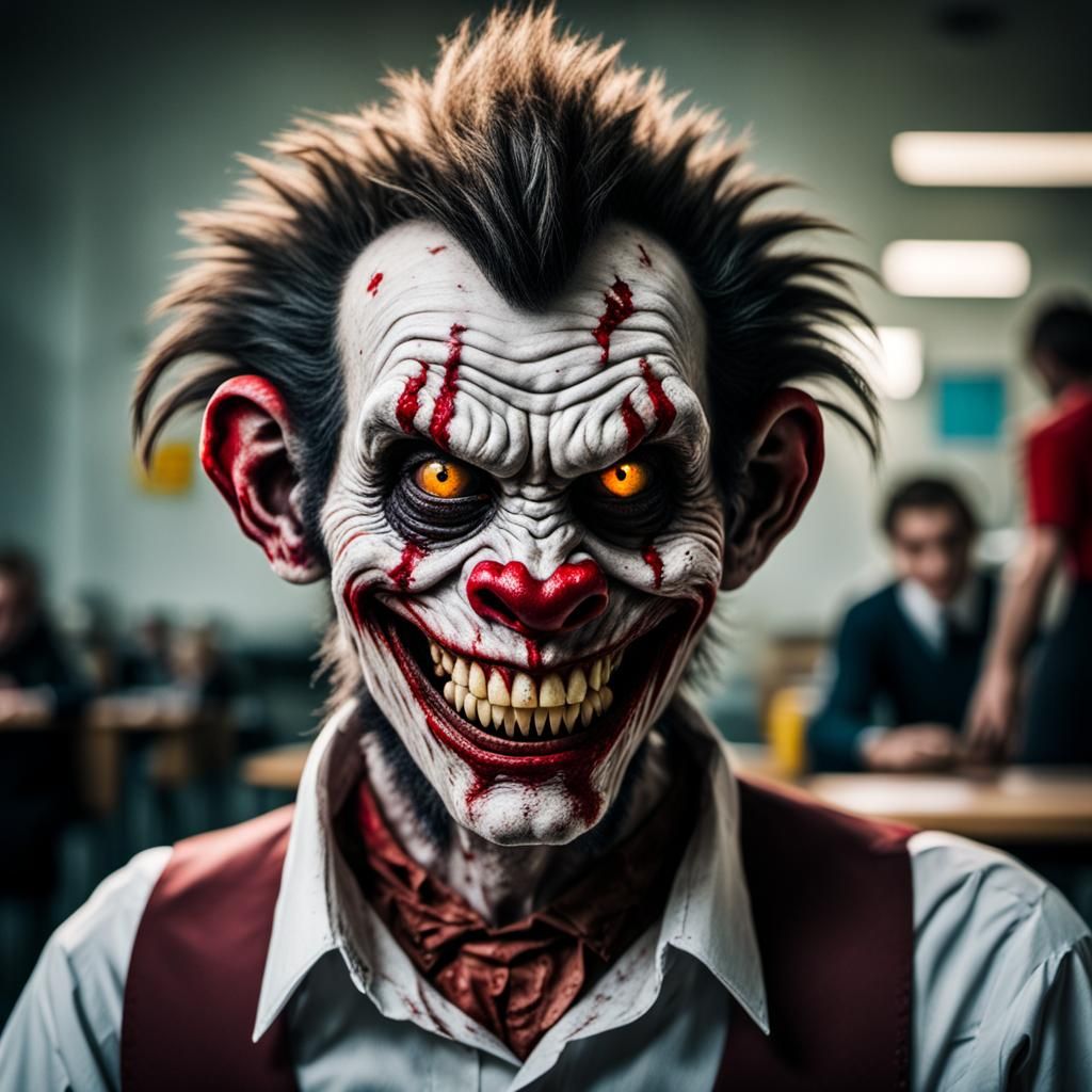 Zombie Clown Teacher: Horror Portrait in Cinematic Style