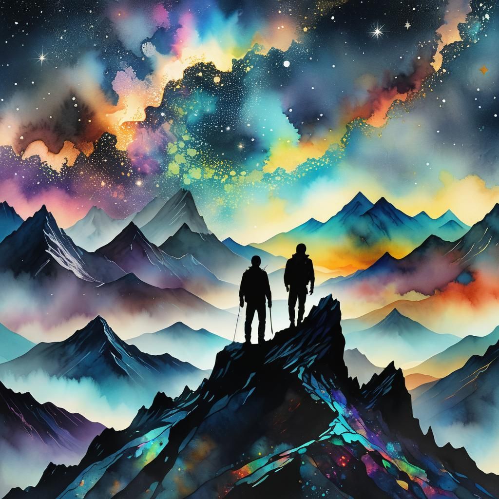 Starry Night Hiker Silhouette: Digital Mixed Media