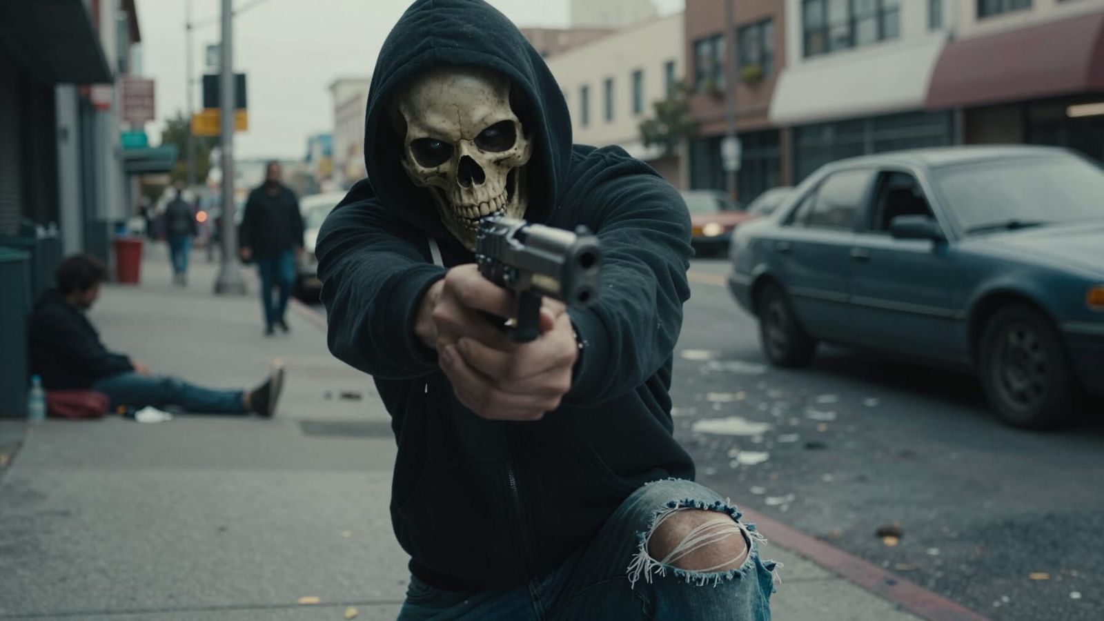 Terrifying Skeleton Aims Pistol in Dark Urban Scene