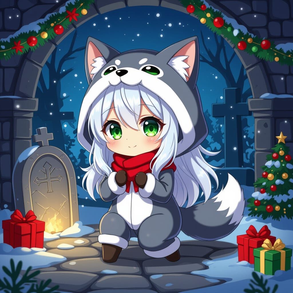 Cute Chibi Anime Girl in Wolf Costume at Christmas Crypt