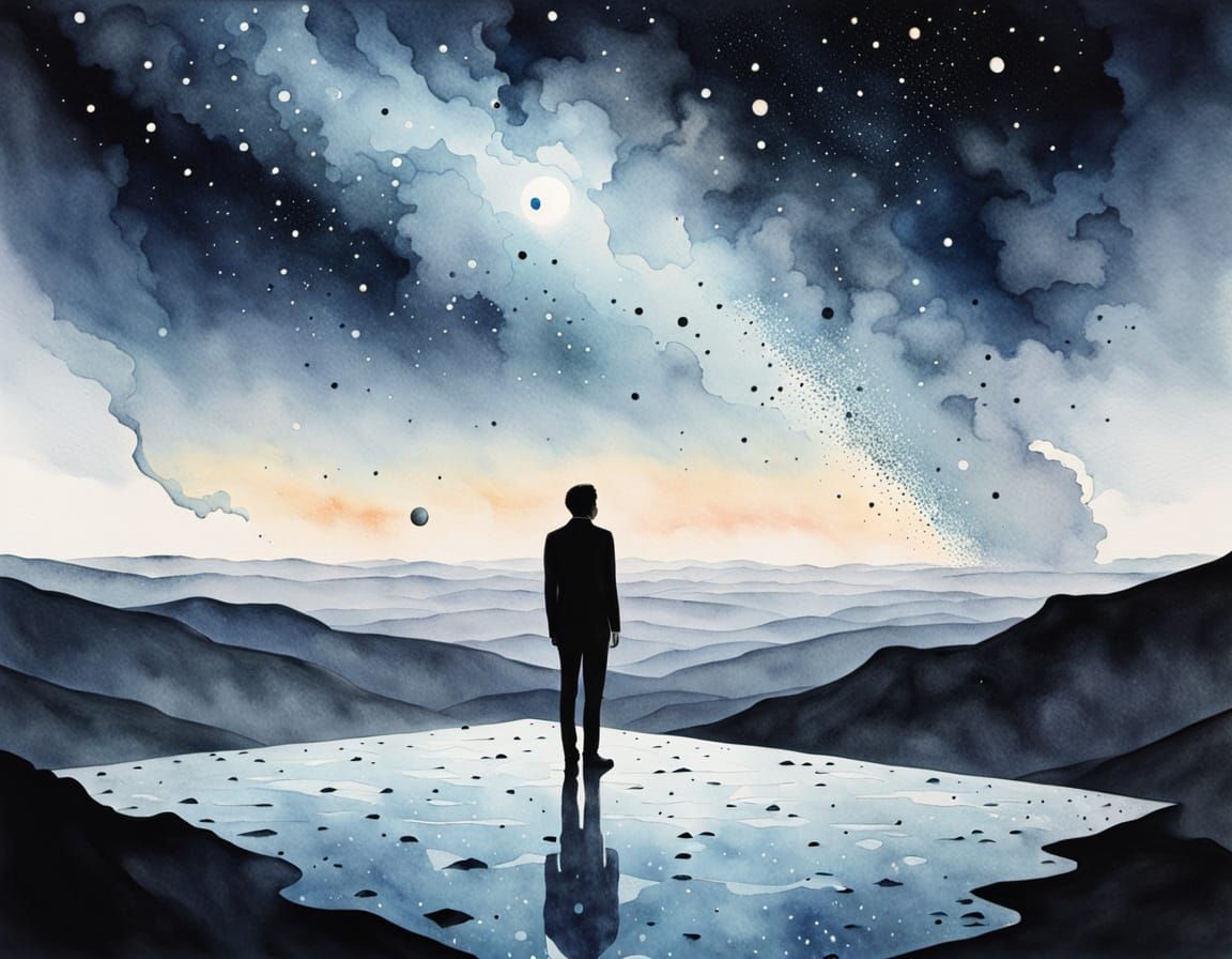 Lone Figure Contemplating Void in Surreal Watercolor