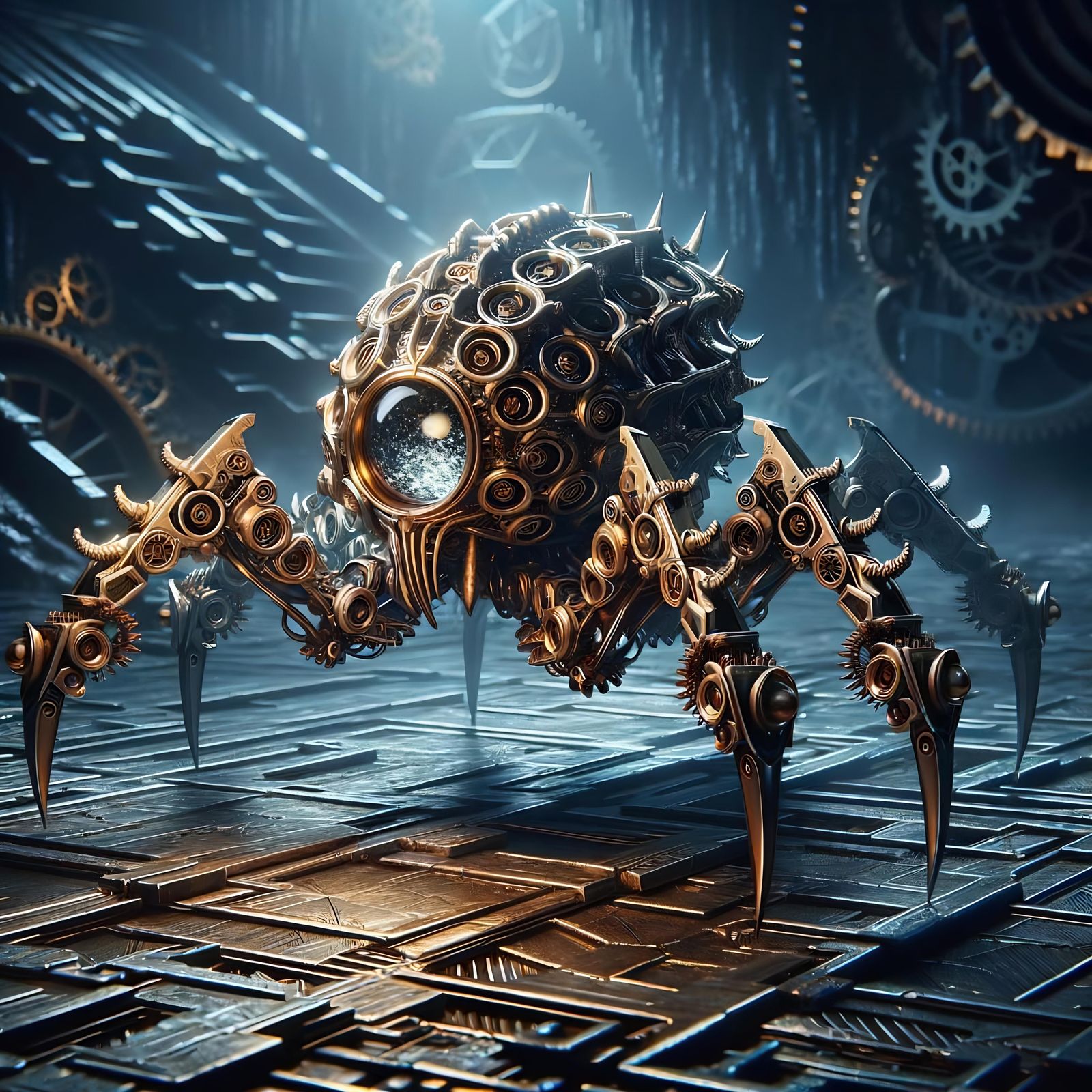 Electrum Horror: Metallic Spider Construct in D&D Style