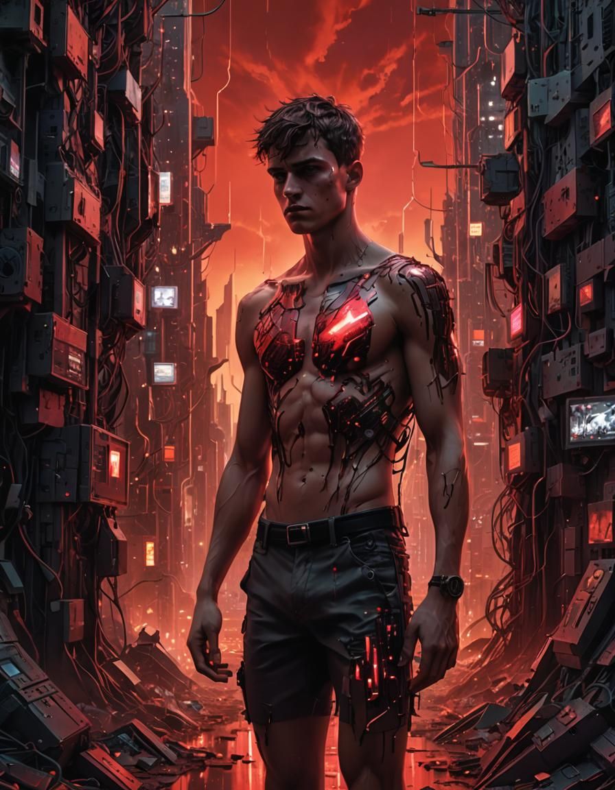 Surreal Glitched Landscape with Man in Comic Book Art