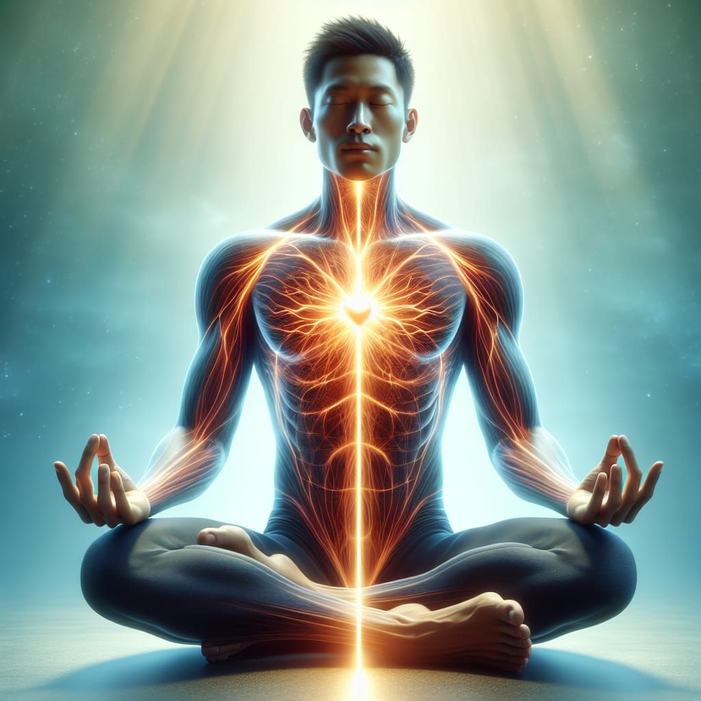 Meditating Asian Man with Radiant Energy Flow